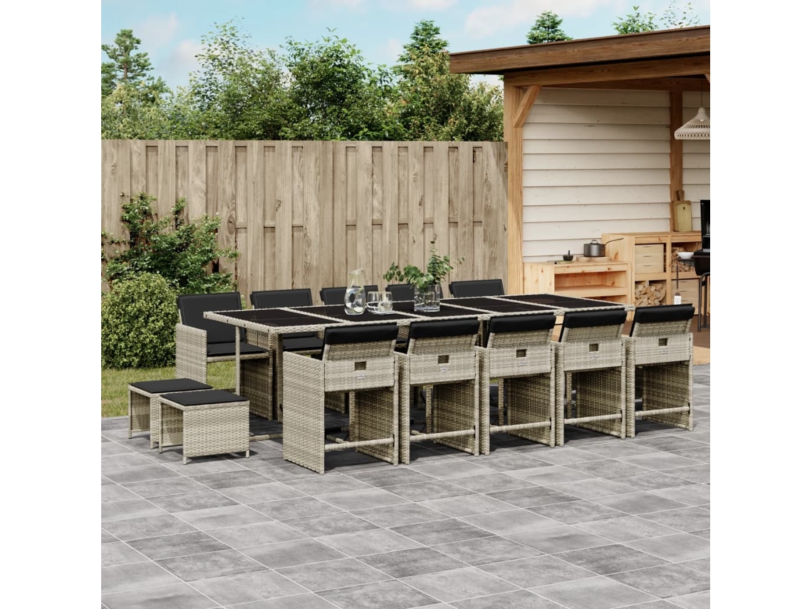 Conjunto 15 Peças Jantar Jardim C/ Almofadões Vime Pe Cinzento Claro Dkd Home Decor