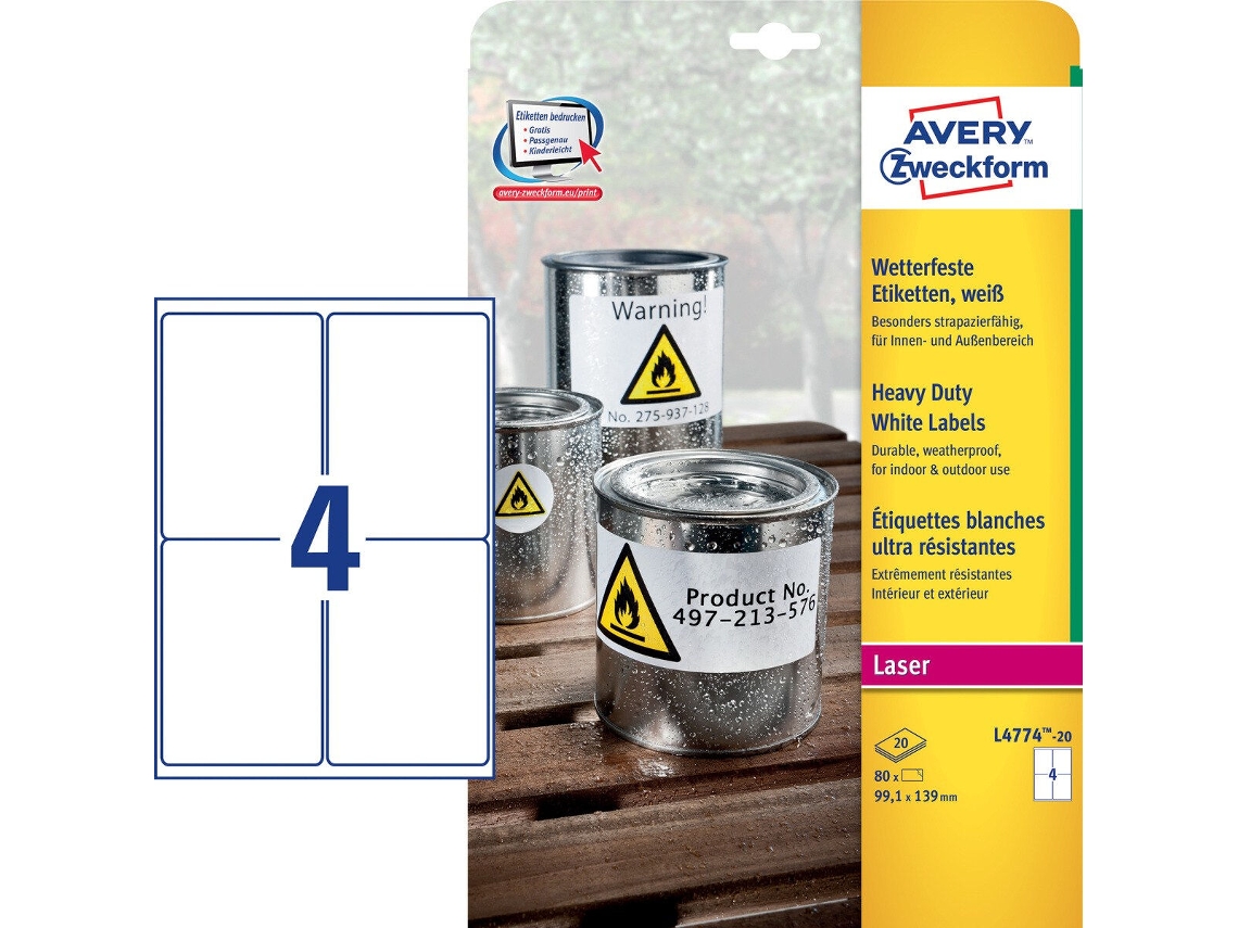 Etiquetas AVERY 99.1 X 139 Mm Blanco 20 Hojas