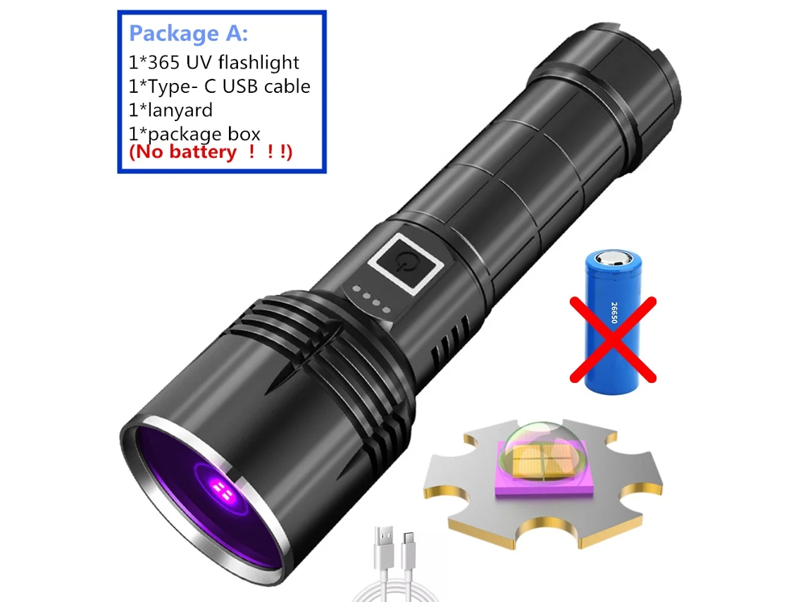 Linterna UV de alta potencia de 365 nm, luz violeta para detección de reactivos fluorescentes y antígenos, recargable por USB con espejo negro Viewleaf