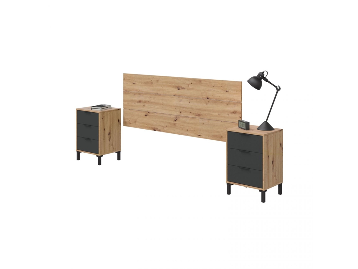 Cabecero con mesitas Enzo Gris Antracita - Roble Nodi 160 x 60 x 25 cm