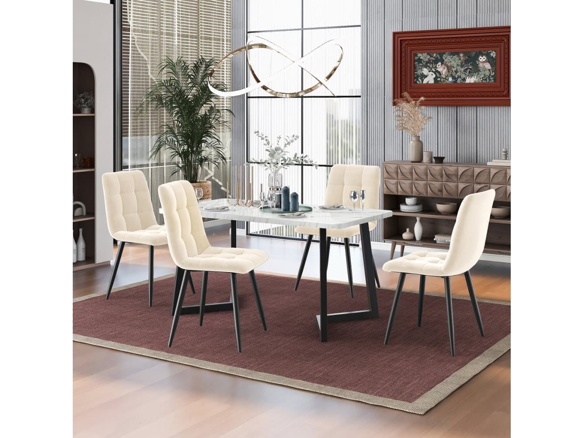 Juego De 4 Sillas De Comedor - Estructura Metálica - Tela Terciopelo - Beige