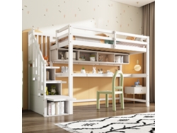 Cama Alta Infantil 90x200 - Con Escalera Y Escritorio, Estantes, Madera Maciza+mdf - Blanco