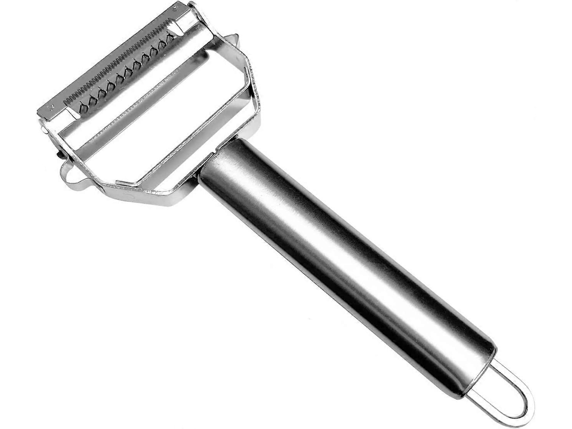 Pelador versátil de acero inoxidable con doble cuchilla para verduras y frutas, ideal para batatas, zanahorias y manzanas.