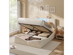 Cama Doble 140x200 Con Almacenamiento Neumática Led Cabecero Triangular Terciopelo Beige Carga Inalámbrica Moderna Piso Pequeño
