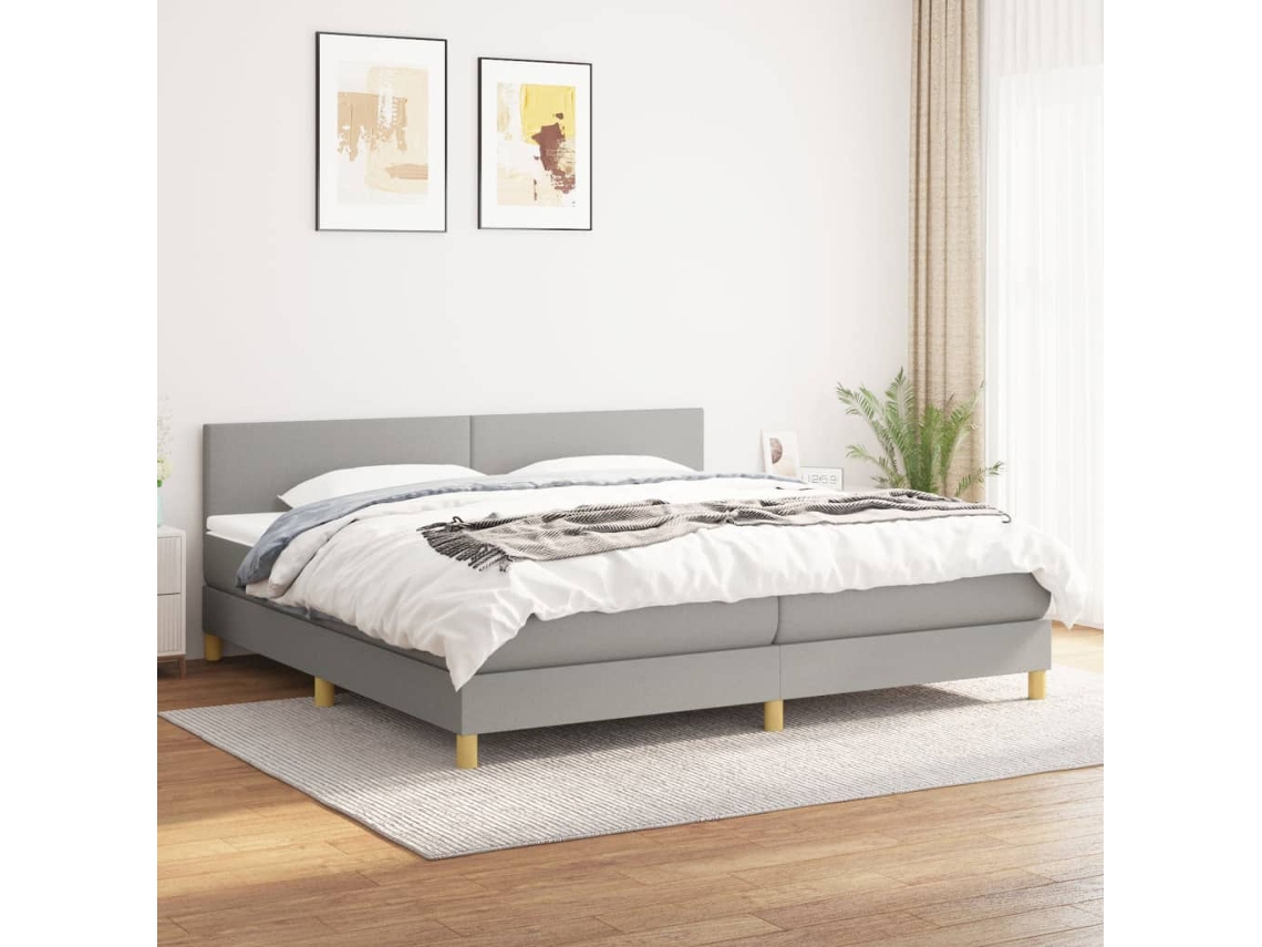 Cama Box Spring Con Colchón Tela Gris Claro 200x200 Cm