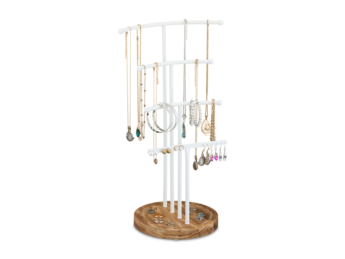Organizador de joyas Relaxdays, en forma de T, para collares y pendientes, caja de joyería, madera y metal, blanco/marrón