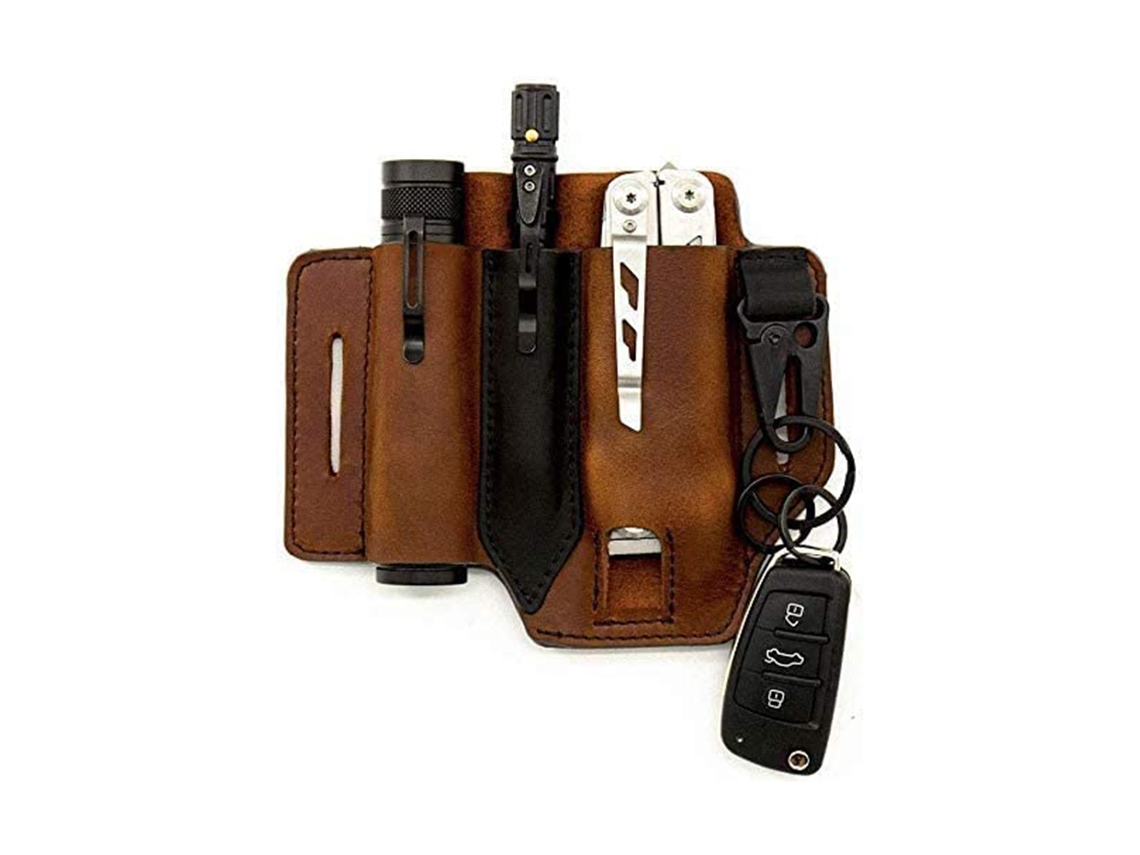 Organizador de cuero EDC, funda compacta para multiherramientas de alta flexibilidad, bolsa de cinturón de uso diario con funda para linterna