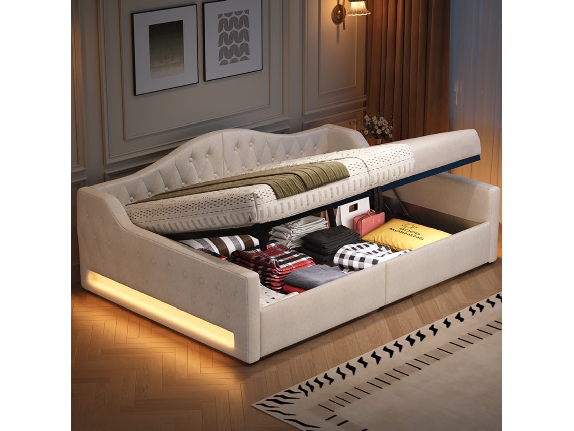 Sofá Cama De 140x200 Cm Con Iluminación Led, Almacenamiento, Extensible, Color Beige, Colchón No Incluido.