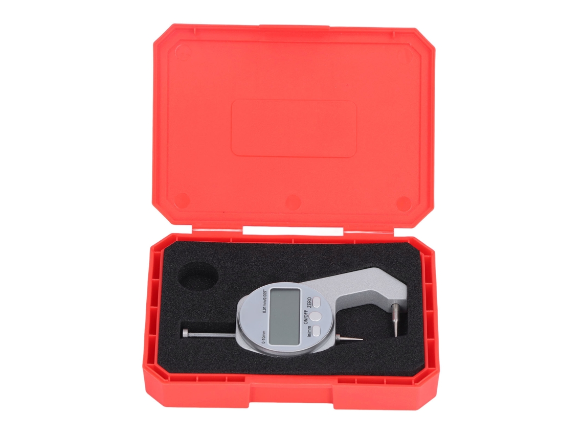 Medidor de espesor digital con pantalla LCD, punta curva, rango mini de 0 a 10 mm, medición de precisión para materiales delgados.