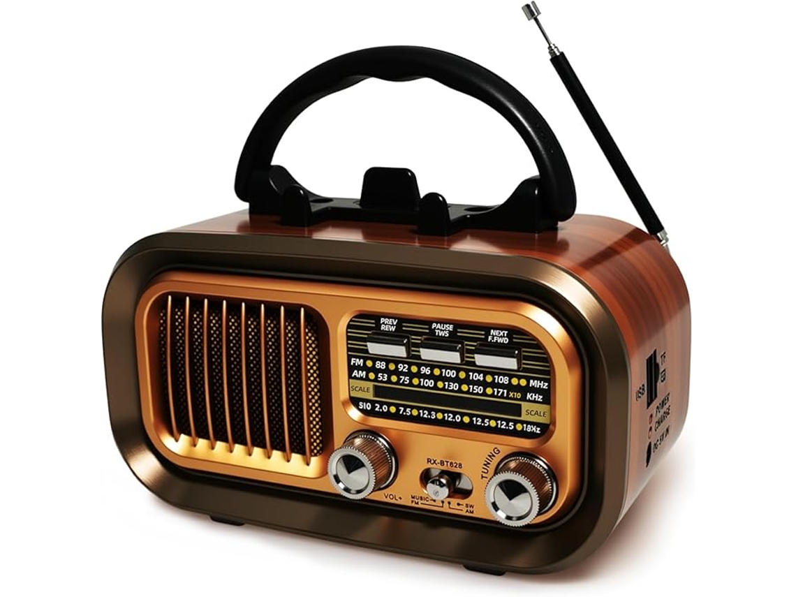 Radio portátil pequeña, radio retro Bluetooth alimentada por pilas recargables de 1200mAh o pilas de pila D