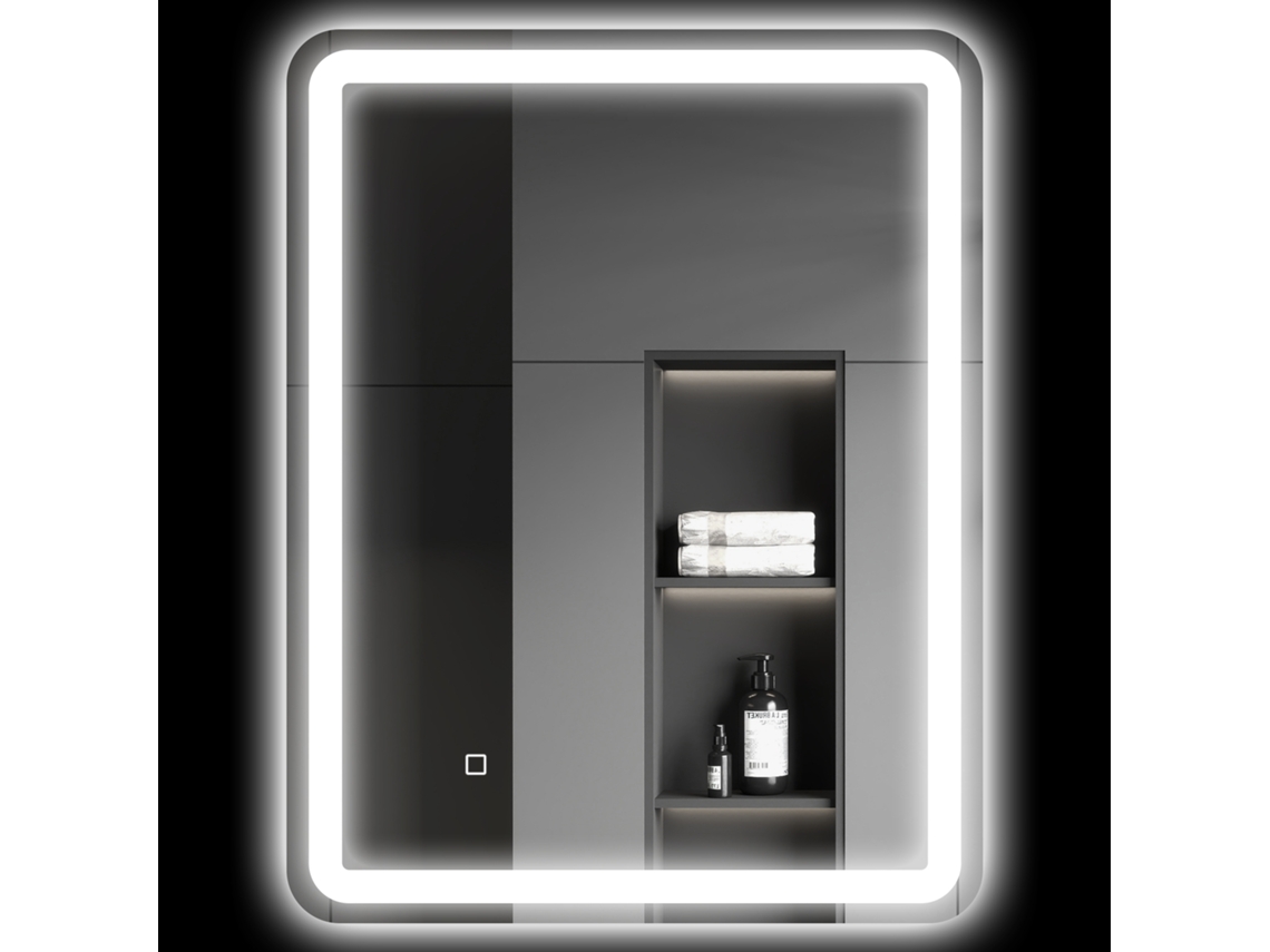Espejo de Baño Rectangular con LED, Función Antivaho, Brillo Regulable y Función Memoria, 70 x 90 cm, Plata.