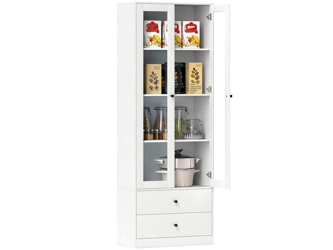 Mueble De Almacenamiento Moderno Con Armario Con Puerta De Cristal, Estantes Ajustables Y 2 Cajones, 59 X 30 X 164 Cm, Blanco.