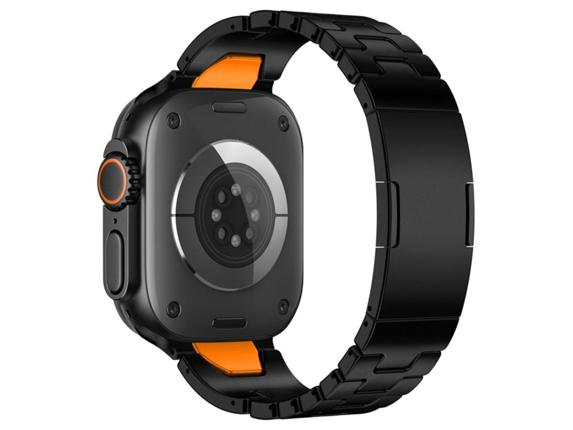 Correa XIAOMOYU de acero inoxidable para Apple Watch (44/45/46/49 mm) con cierre de mariposa y sistema de liberación rápida tipo H, color negro y naranja.