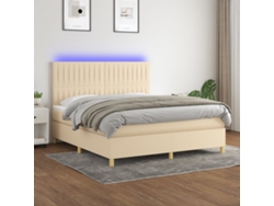 Cama Box Spring Colchón Y Luces Led Tela Crema 160x200 Cm