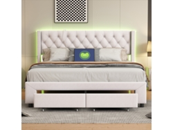 Cama Matrimonial Con Cajones Y Luces | 160x200 Cm | Cama De Lujo Tapizada Con Almacenaje, Usb Y Cabecero Elegante | Tela De Terciopelo Blanca