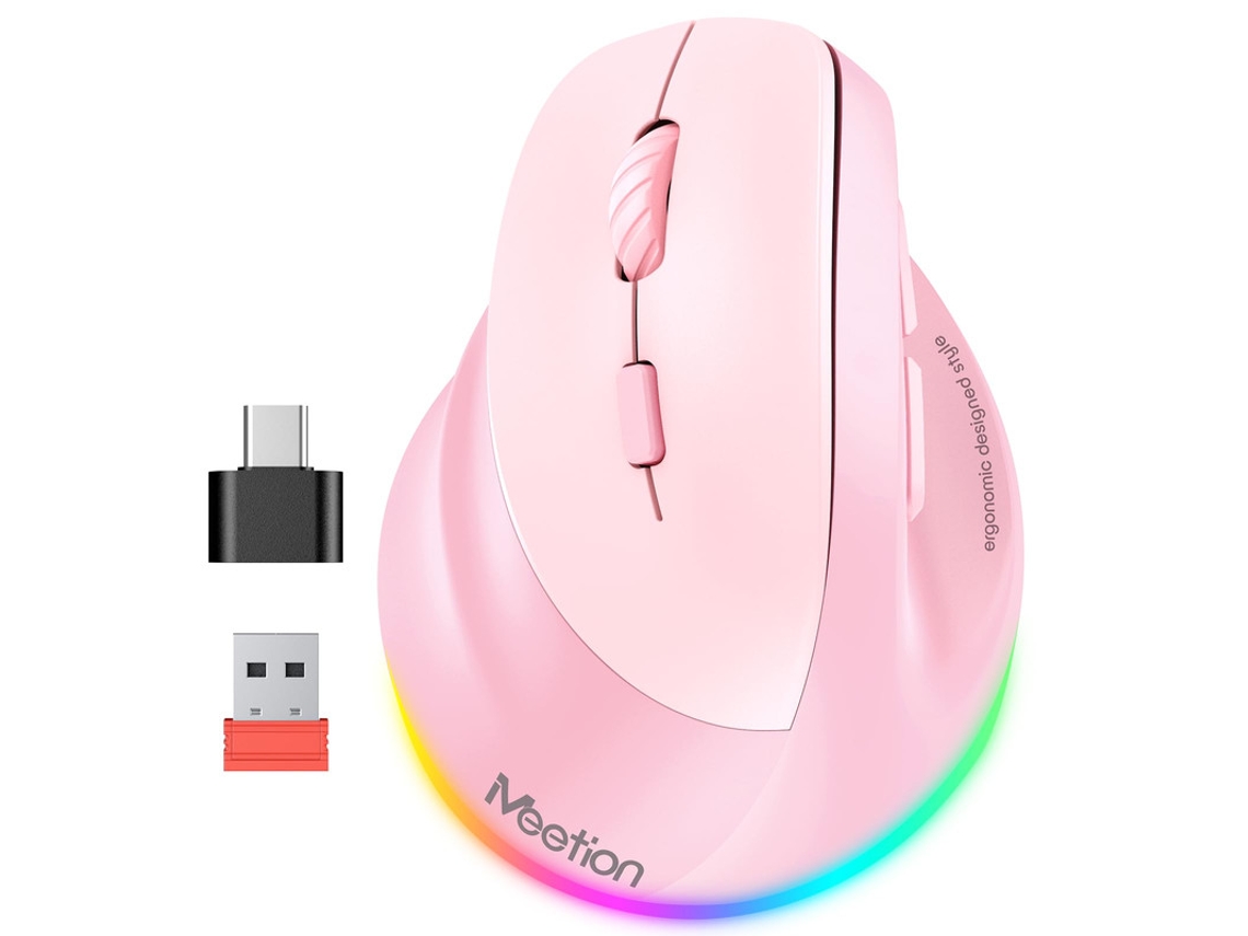 Ratón Ergonómico Inalámbrico, Recargable, Bluetooth (5.2 3.0) Y Usb-a Con Adaptador Usb-c, 4 Dpi Ajustables Rosa