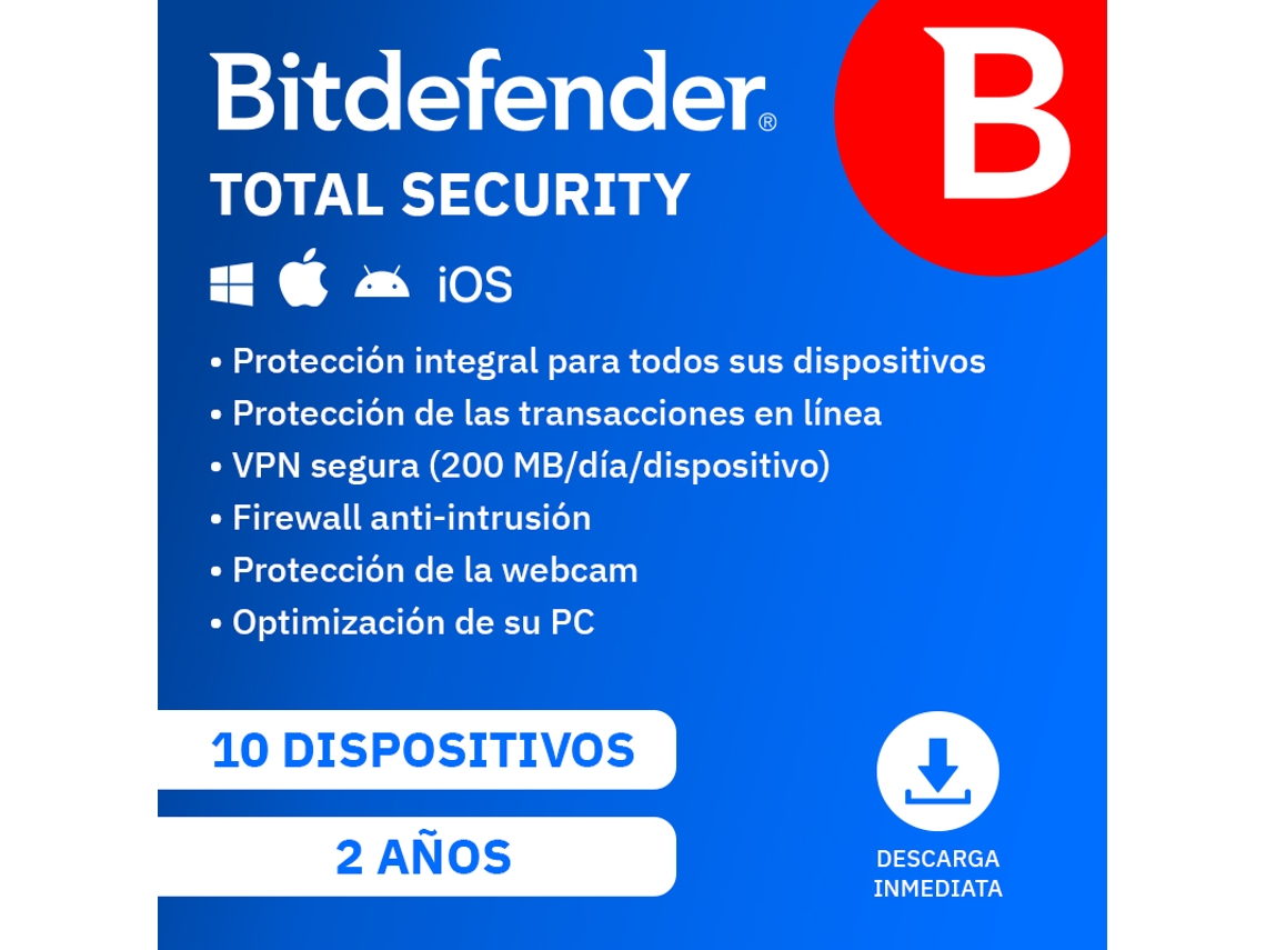 BITDEFENDER Total Security (10 Dispositivos - 2 Años - Smartphone/PC/Tablet - Formato Digital)