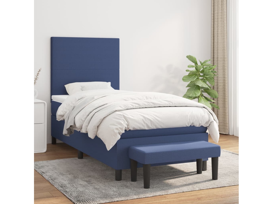 Cama Box Spring Con Colchón Tela Azul 90x200 Cm