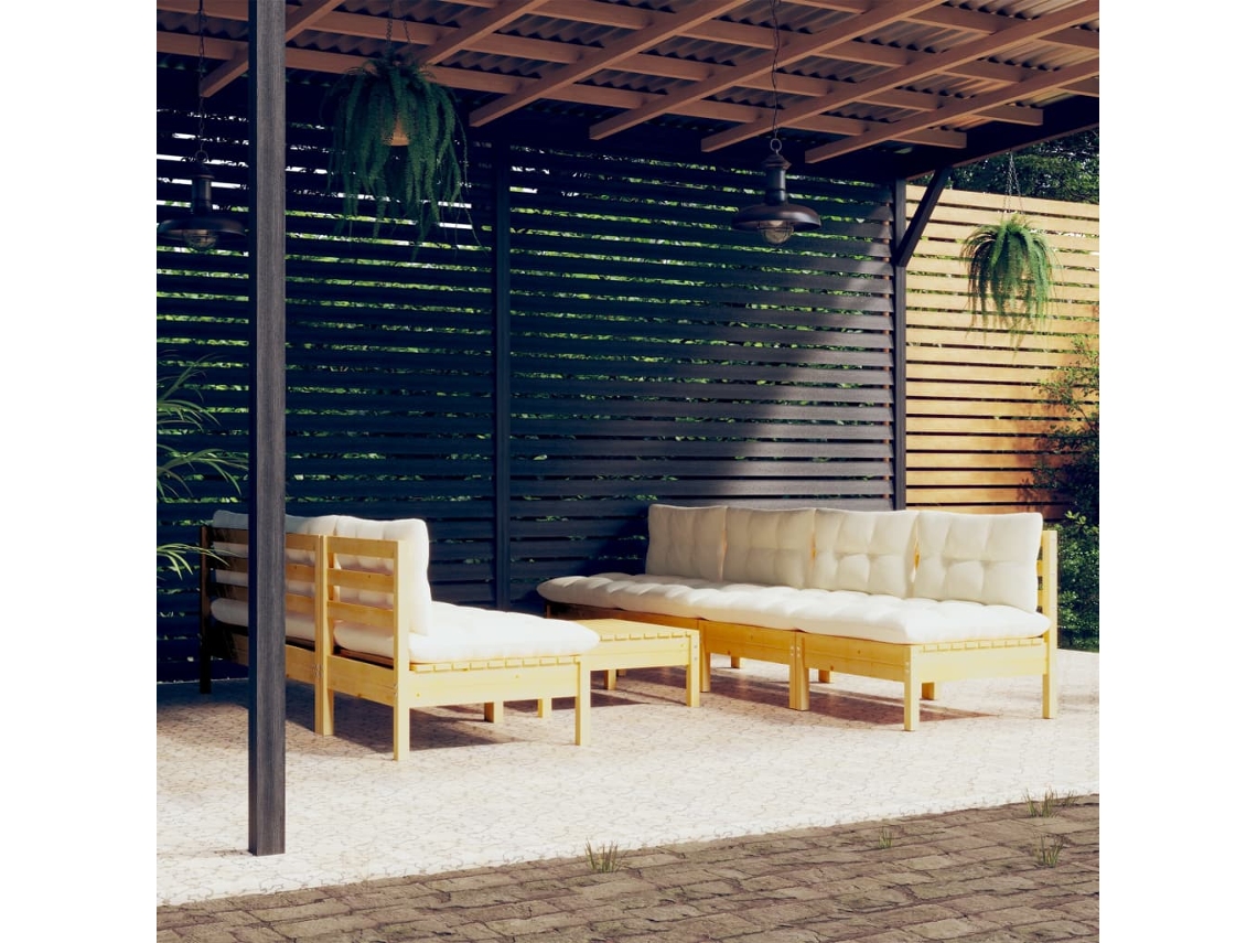 Pcs Conjunto Lounge Jardim C/ Almofadões Cor Creme Pinho Dkd Home Decor