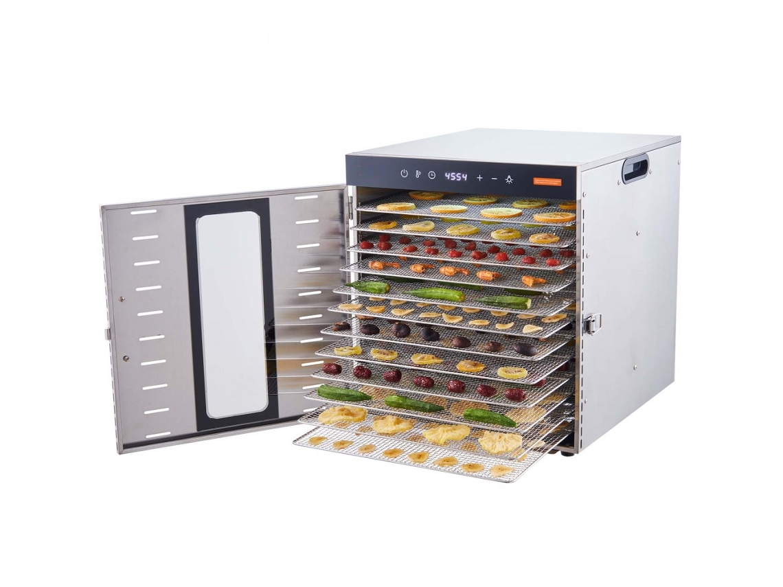 Deshidratador de alimentos de acero inoxidable con 10 bandejas, 1000 W, temperatura, temporizador y flujo de aire, Tekmaquinas