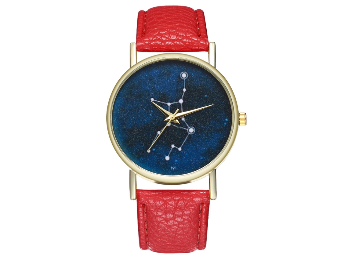 Reloj De Cuarzo Con Correa De Cuero Pu Moda Dial Redondo Cielo Estrellado Rojo
