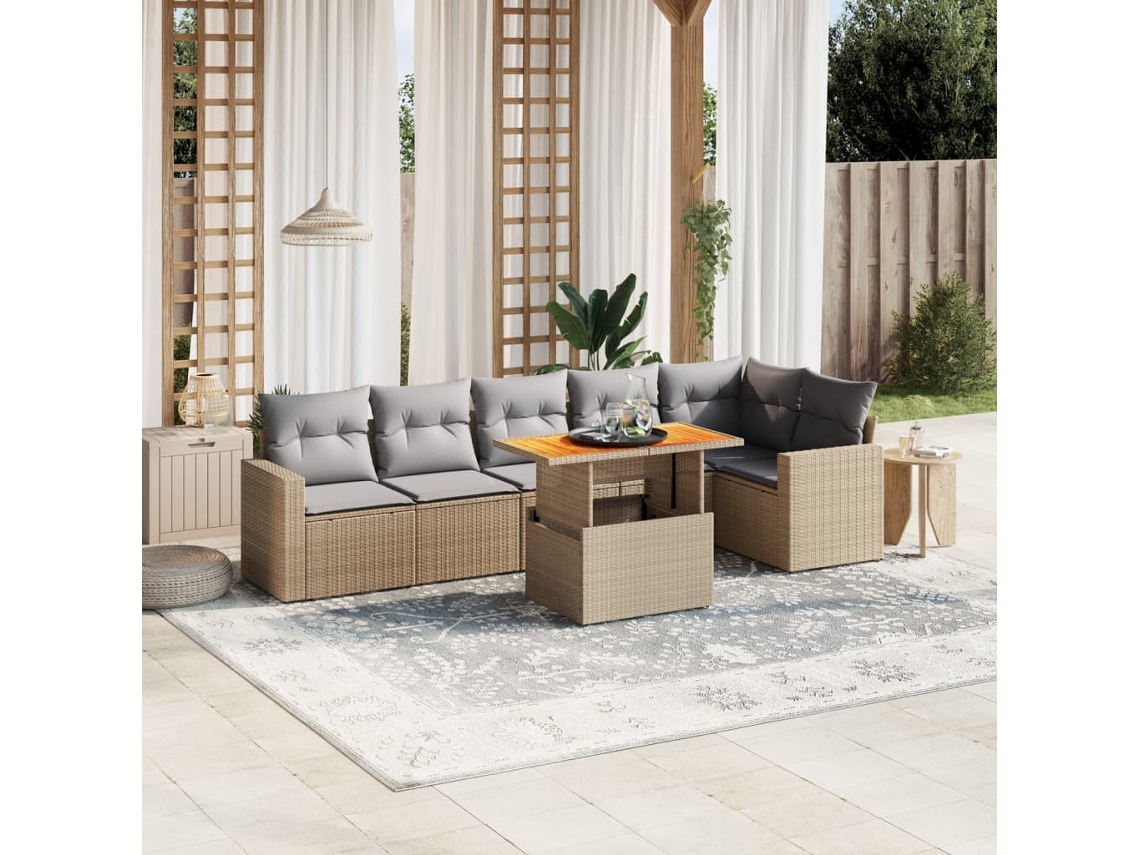 Conjunto de 7 sofás de jardín con cojines de mimbre beige de Dkd Home Decor