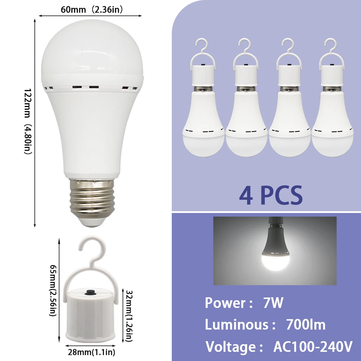 Bombillas Led De Emergencia (4 Bombillas, 7 Vatios), Luz Fría, Casquillo E27, 1500 Mah, Para Acampada Y Pesca Al Aire Libre.
