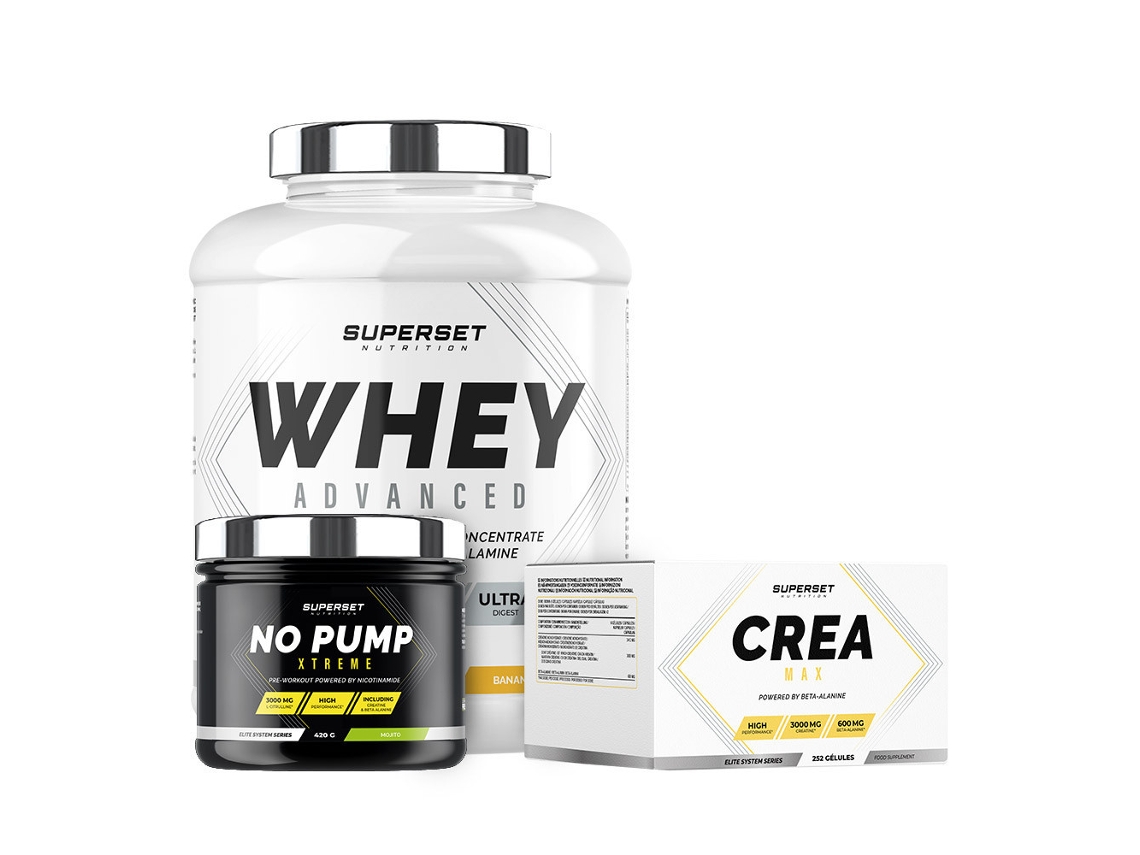 Programa de aumento de masa muscular seca confirmado 100 Whey Proteine Advanced 2kg Banana Split No Pump Xtreme Mojito Cré Superset Nutrition