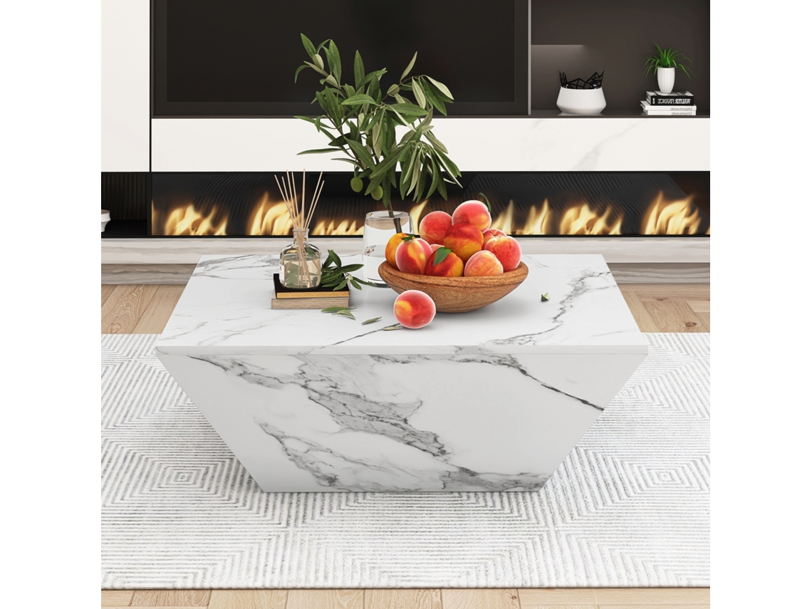 Mesa Centro Tambor Trapezoidal Mármol Blanco 70×70×37