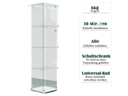 Vitrina de cristal con iluminación LED, diseño que ahorra espacio, cuatro estantes blancos y tira de luz.