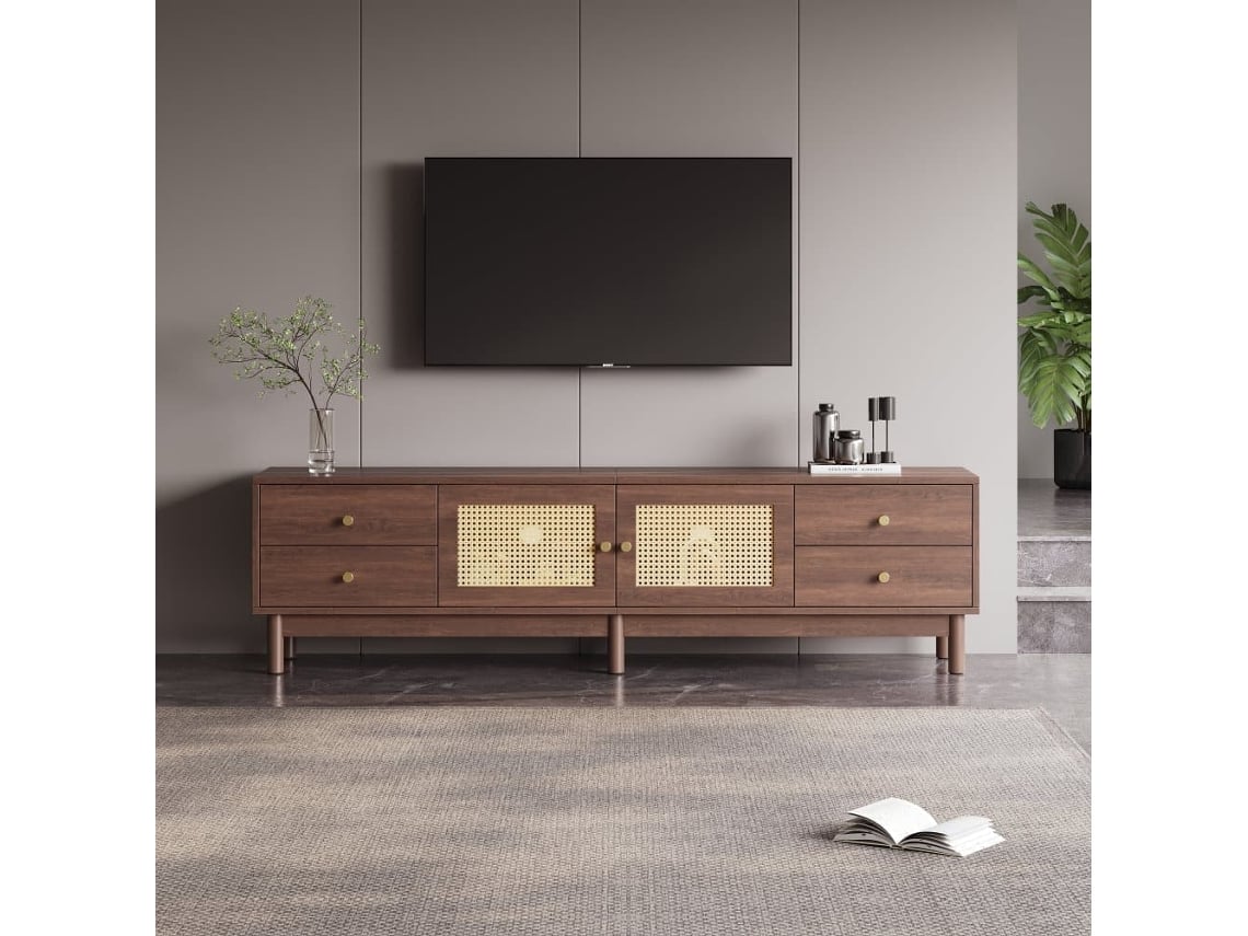 Mueble Para Tv - Con 2 Puertas De Ratán Y 4 Cajones - Apto Para Televisores De Hasta 80" - Marrón