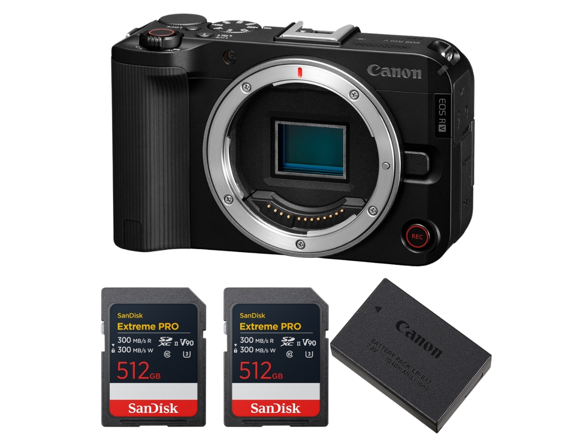 Canon EOS R50 V + 2 tarjetas Sandisk Extreme Pro UHS II SDXC de 512 GB + Canon LP e17 + Libro electrónico “20 consejos para fotos impresionantes”