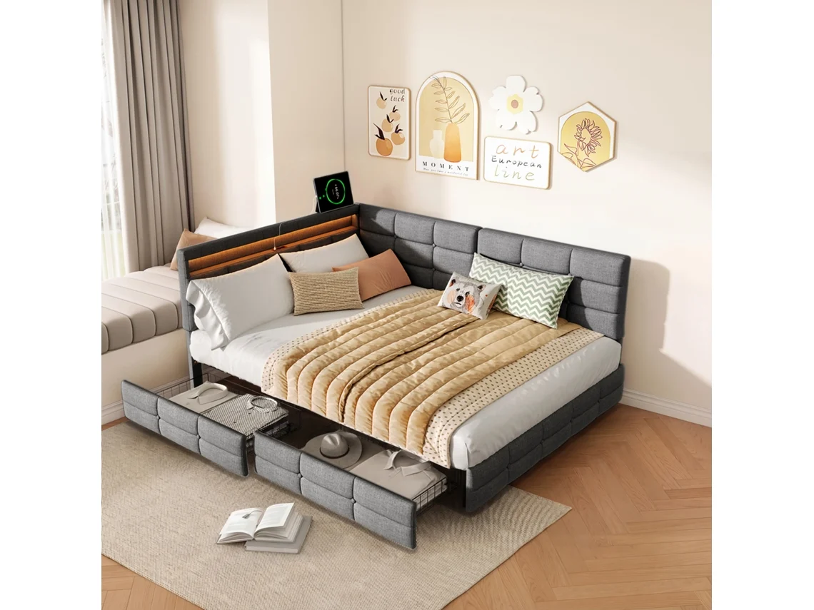 Sofá Cama L Tapizado 140x200cm Gris De Lino Con Cabecero Led, Usb Tipo-c Y 2 Cajones - Cama De Matrimonio Multifuncional Y Estructura Reforzada