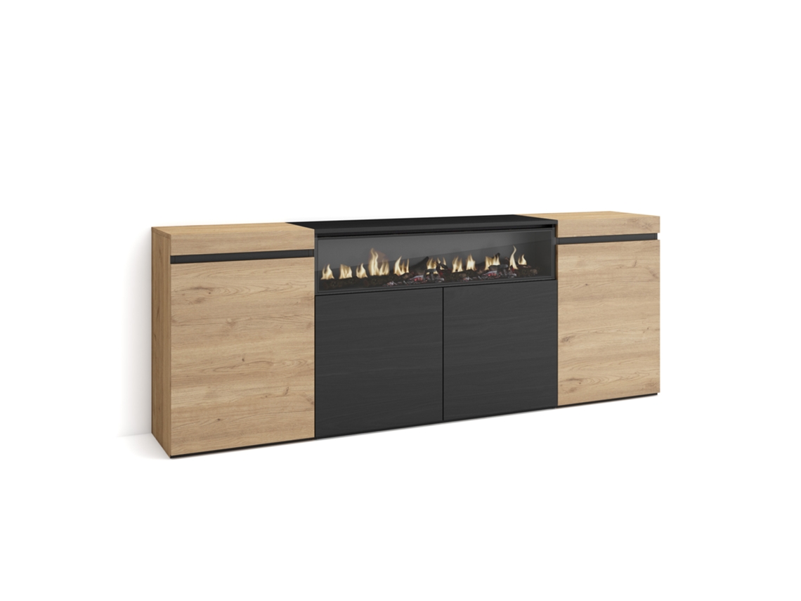Aparador de Comedor | Salón, Cocina, Entrada, TV | 200x75x35cm | 4 Puertas | Chimenea Eléctrica | Roble y Negro Duérmete Online