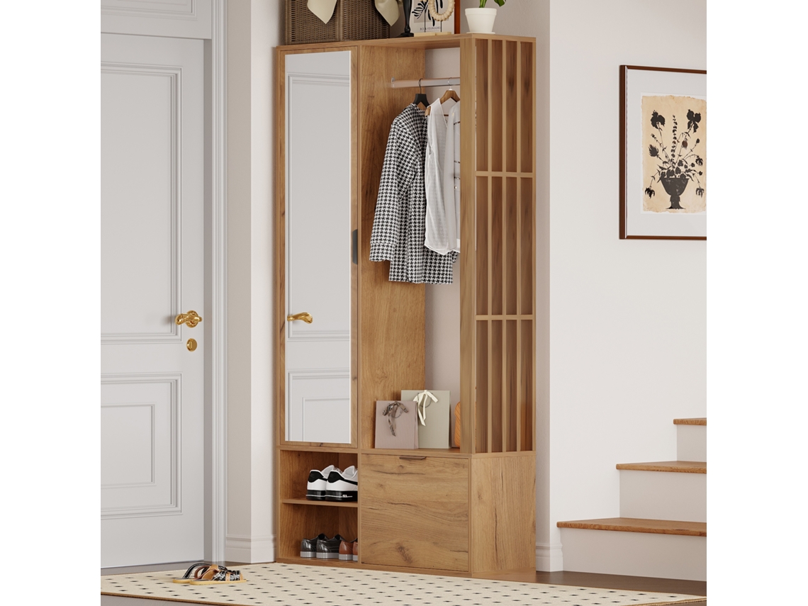 Mueble de entrada 6 en 1, perchero, espejo y puerta inferior, color natural, MOBRIO (100 x 33 x 190 cm)