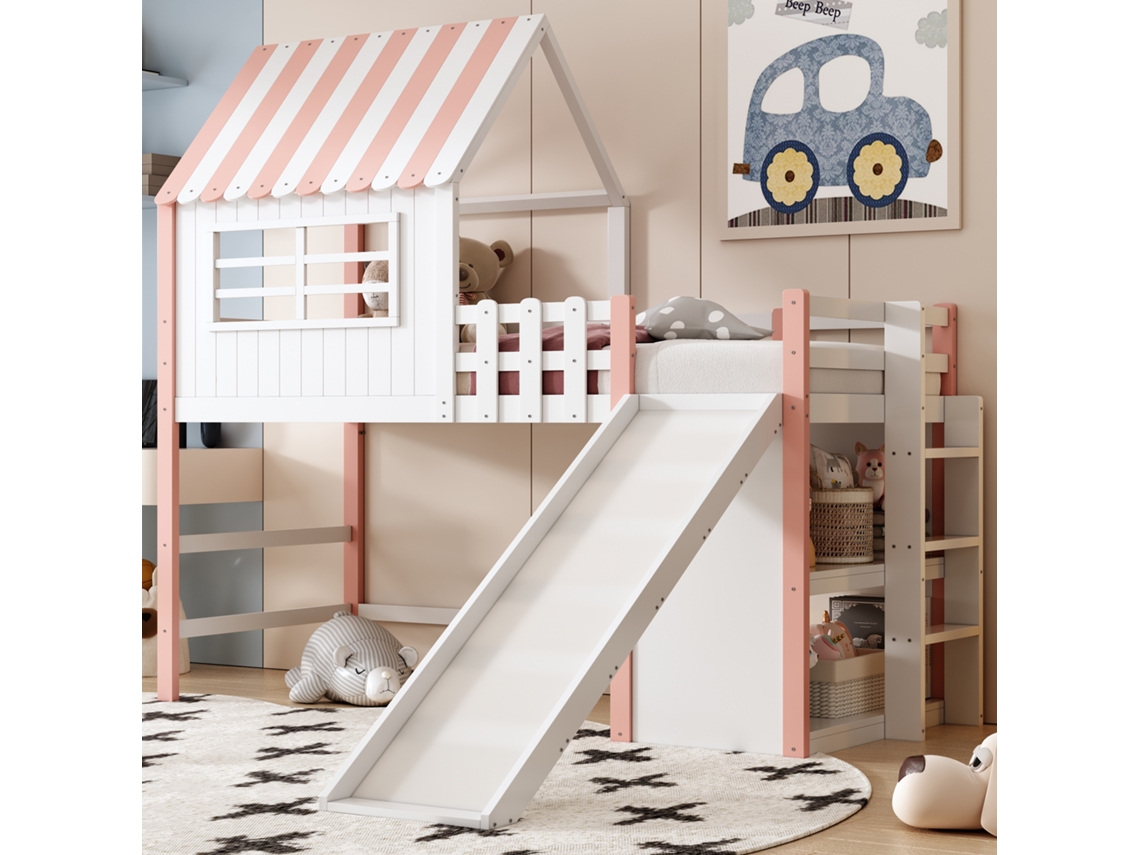 Cama Alta Infantil De 90x200 Cm Con Escalera, Tobogán Y Armarios.