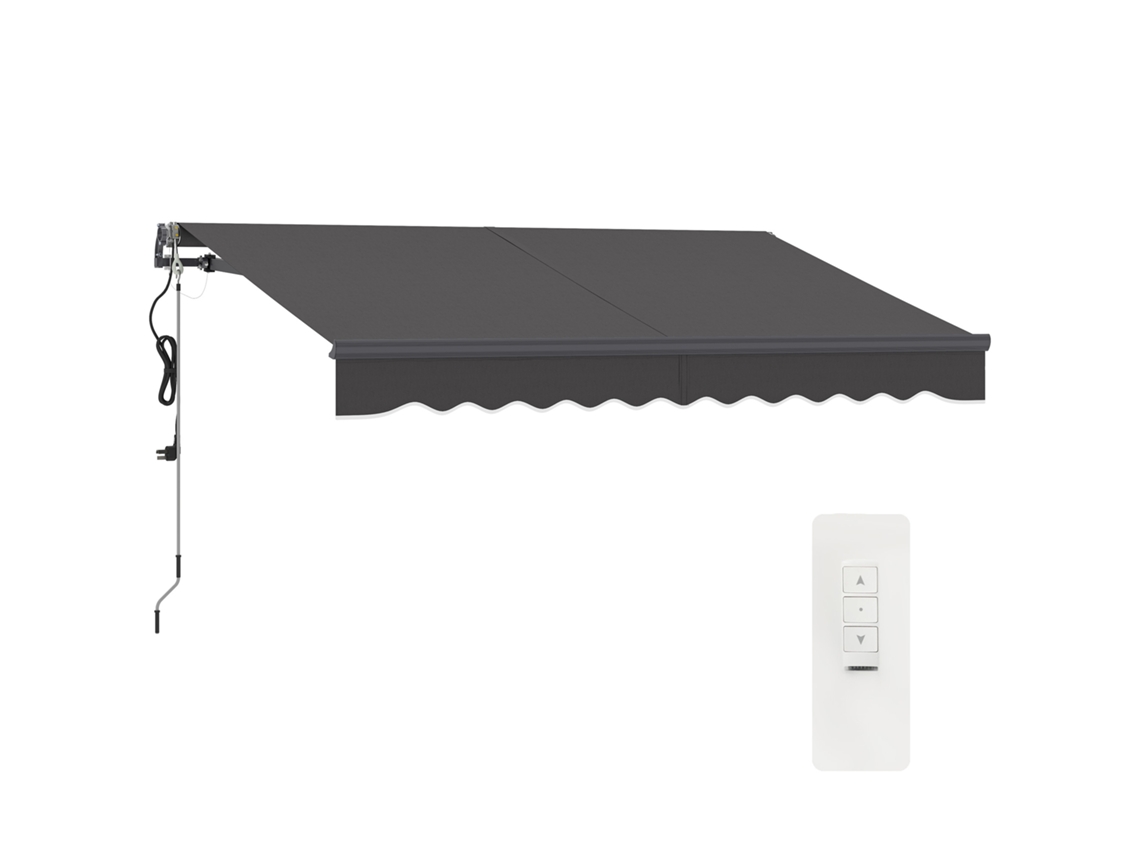 Toldo eléctrico de 300 cm de ancho con manivela y brazo articulado, color gris oscuro.
