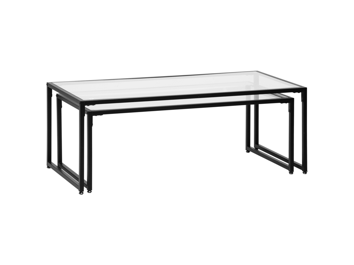 Dos Mesas De Centro Con Cristal Y Herrajes De Acero Negro Para Salón O Dormitorio.