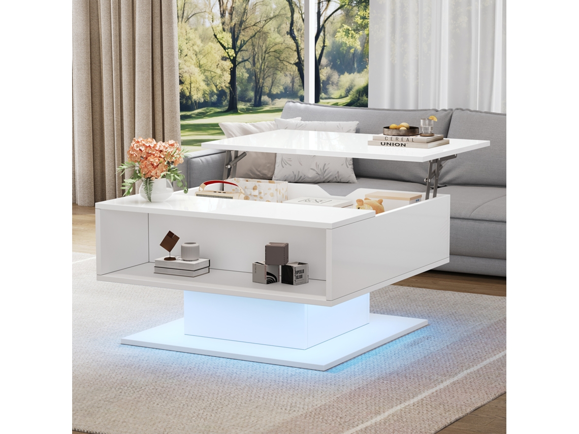 Mesa De Centro Con Elevador Hidráulico, 80x75x40cm, Blanco Brillante.