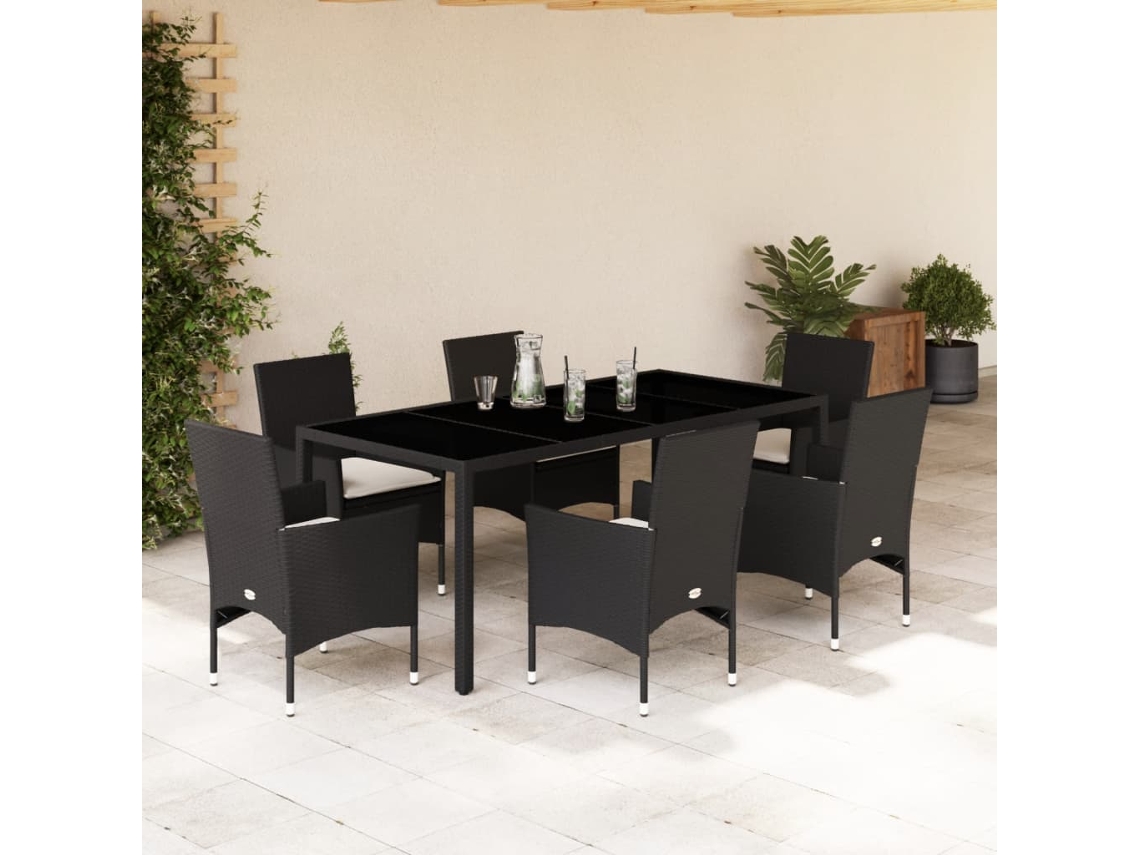 7 Pcs Conjunto Jantar Jardim C/Almofadões Vime Pe/vidro Preto Dkd Home Decor
