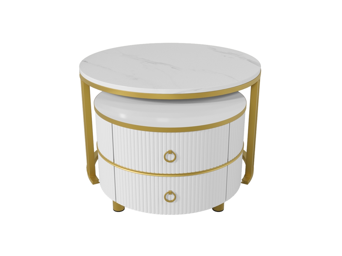Juego de 2 mesas de centro con 2 cajones y tablero en mármol dorado y blanco, diseño Mobrio