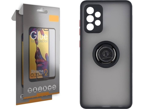 Funda y 2 Protectores de Cristal Full Samsung Galaxy A52 5G SKYHE Gel Bumper Ring Negro