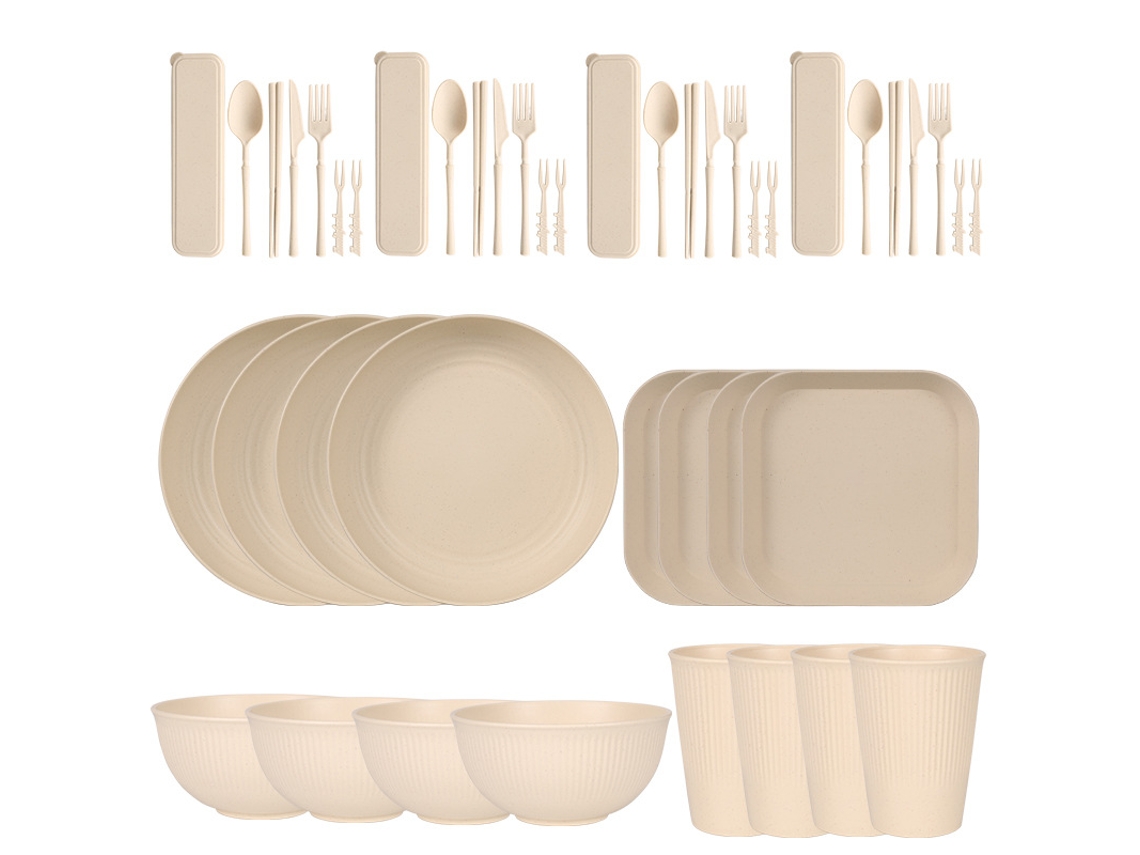 Juego de cubiertos de paja de trigo de 44 piezas, platos y cuencos reutilizables resistentes, beige Digitallab