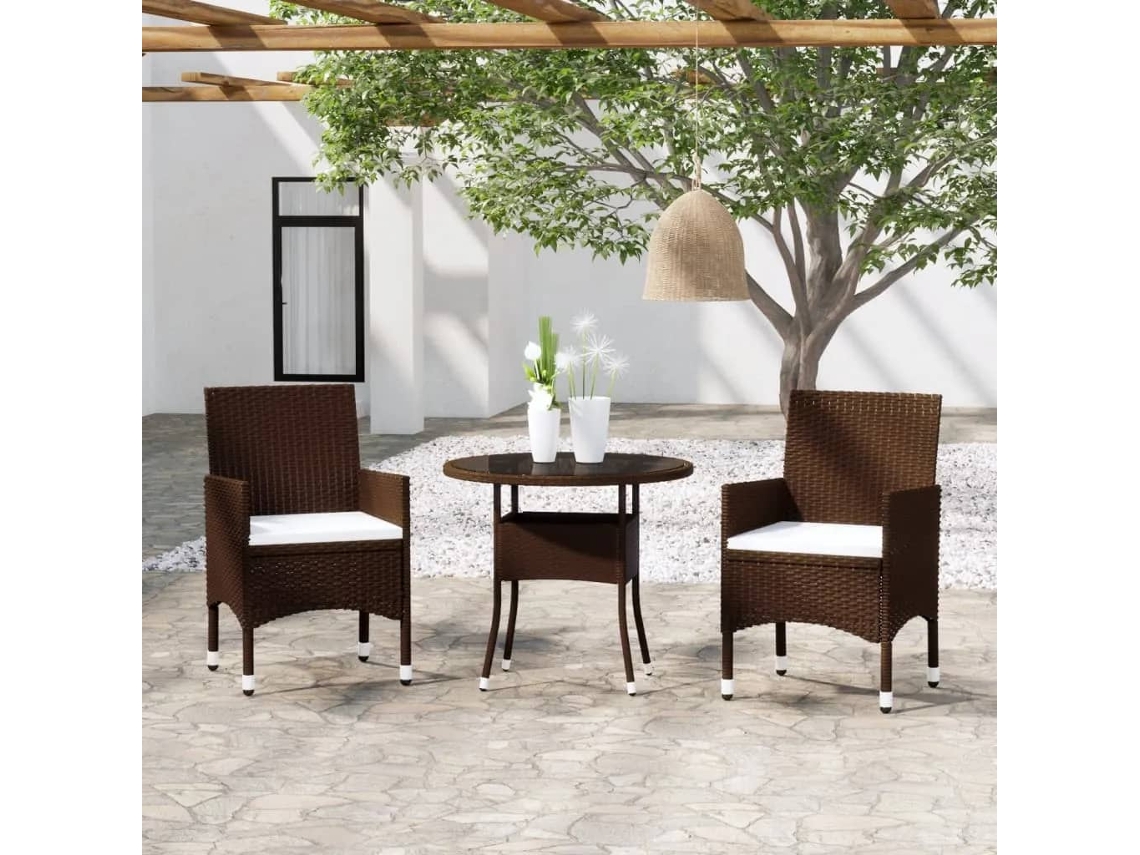 Set De Bistró De Jardín 3 Pzas Ratán Pe Vidrio Templado Marrón