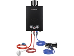 CAMPLUX BW158BCP60-DE Calentador de Agua de Gas 6 Litros, 50 mbar, con Bomba de Agua de 12V y Cubierta de Lluvia, para Ducha de Camping