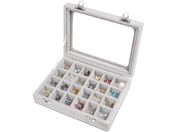 Estante Para Joyas Con 24 Compartimentos, Terciopelo, Tapa De Cristal Transparente, Color Gris.