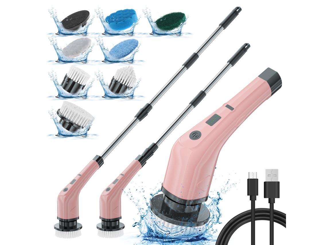 Cepillo De Limpieza Eléctrico Giratorio Inalámbrico Con 8 Cabezales Reemplazables Para Bañera, Cocina Y Ventana, Color Rosa Siurn