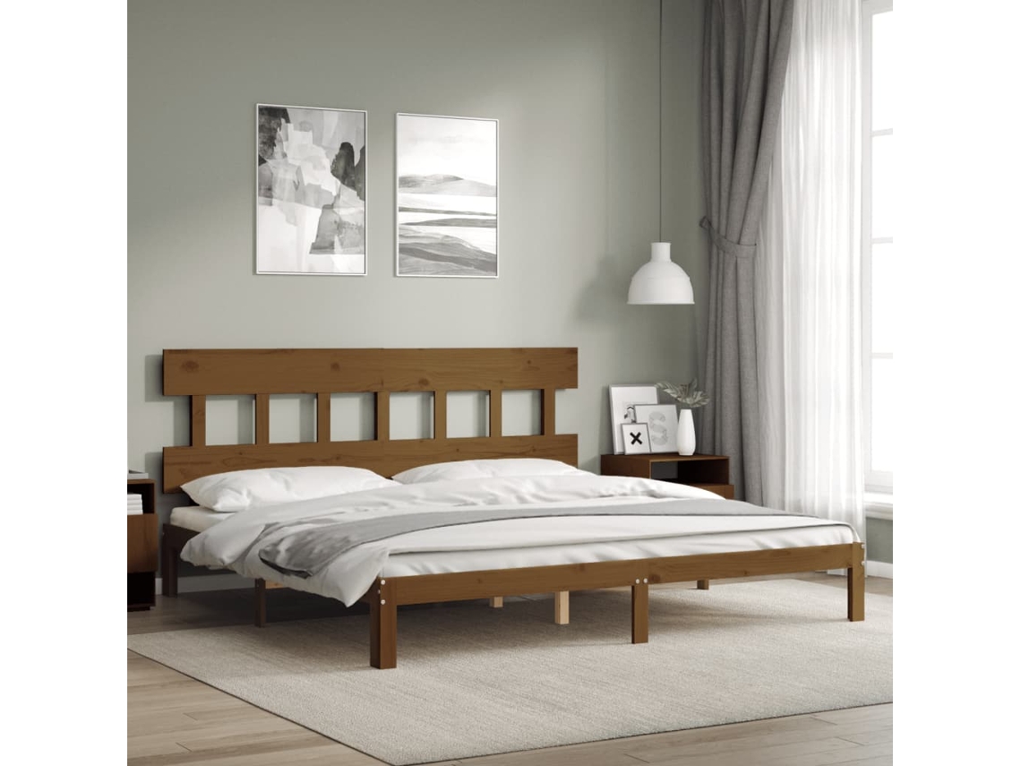 Estructura Cama Y Cabecero Madera Maciza Marrón Miel 200x200 Cm