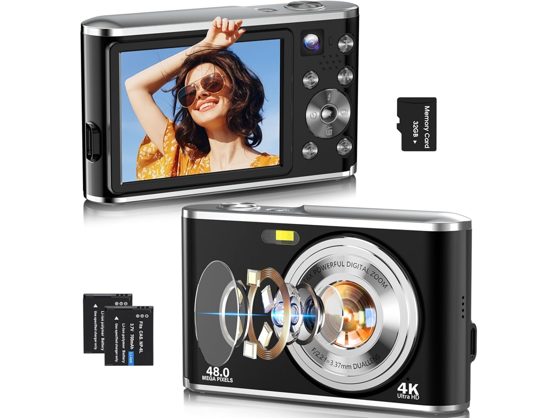Cámara digital 4k, enfoque automático, 48 MP, compacta, para fotografía y vlogs, Ikikso (negra)