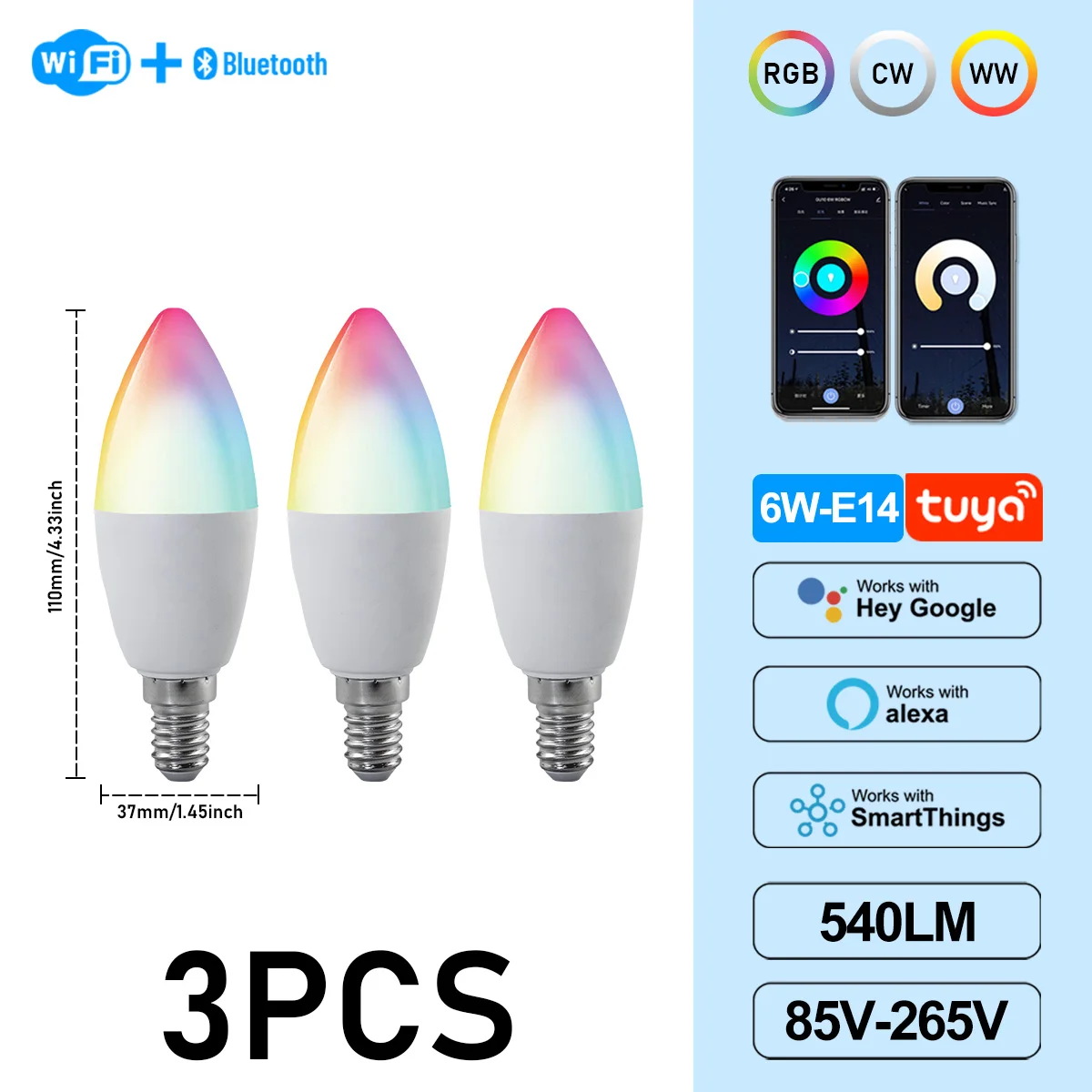 (3 Unidades, Ac85-265v) Bombillas Led Tipo Vela Graffiti De 6w C37 E14, Control Por Aplicación, Aptas Para Lámparas De Araña De Cristal.